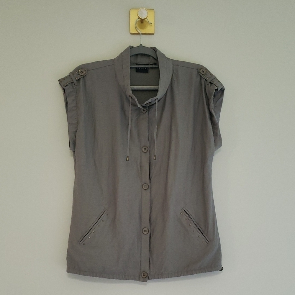 Tribal Women Button Up Vest Top 6 Gray Green Minimalist Travel Vacation Layering - Picture 1 of 15